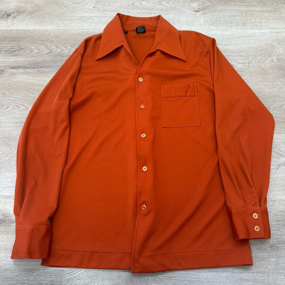 VTG 70s Joel Selvedge Button Shirt Mens Size Large Disco Mod Hippy Burnt Orange